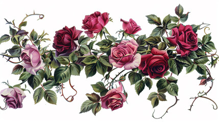 A stunning arrangement of vibrant roses surrounded by lush ivy and elegant vines, meticulously crafted into a transparent PNG for a Valentines Day or Mother's Day card design.