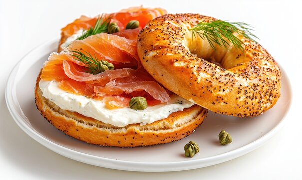 Delicious bagel topped with cream cheese, smoked salmon, and dill, served on a white plate. A perfect breakfast or brunch option.