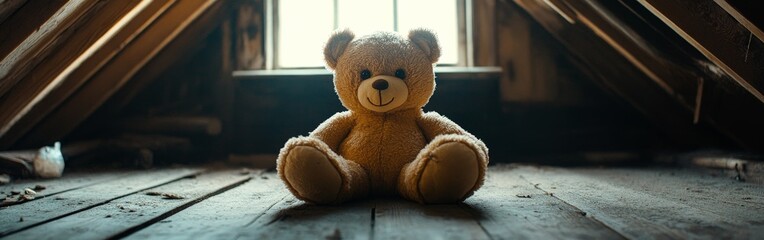 Obraz premium Lonely Teddy Bear in Dusty Attic with Soft Lighting