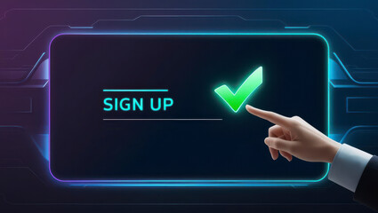 Digital sign-up action for user registration online platform interactive design tech environment close-up view