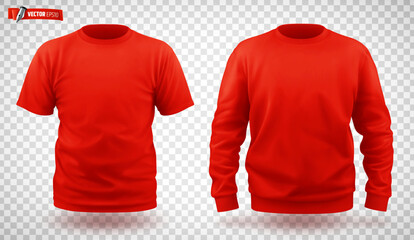 Vector realistic illustration of red sweat-shirt and t-shirt on a transparent background.