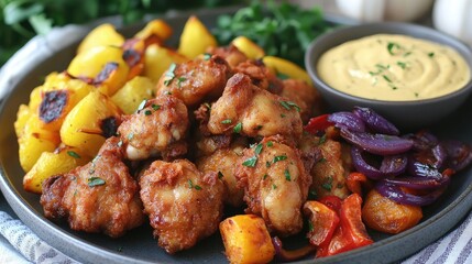 Fototapeta premium Deliciously Crispy Fried Chicken Paired with Roasted Potatoes and Savory Dipping Sauce on a Rustic Plate Surrounded by Fresh Vegetables and Herbs