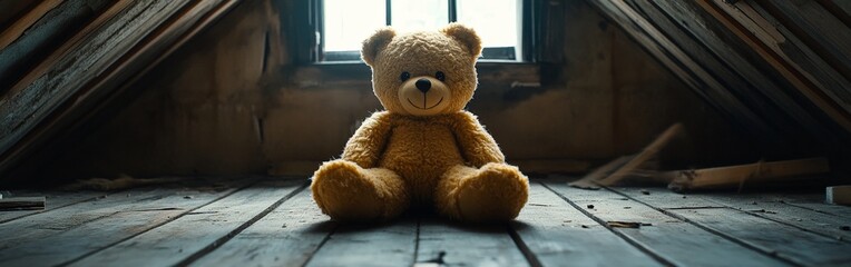 Lonely Teddy Bear in Dusty Attic with Soft Lighting