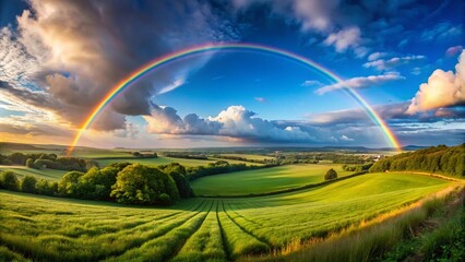Fototapeta premium Captivating Panoramic Photography of a Vibrant Rainbow Arcing Over a Serene Landscape with Lush Green Fields and a Clear Blue Sky, Perfect for Nature Enthusiasts and Art Lovers