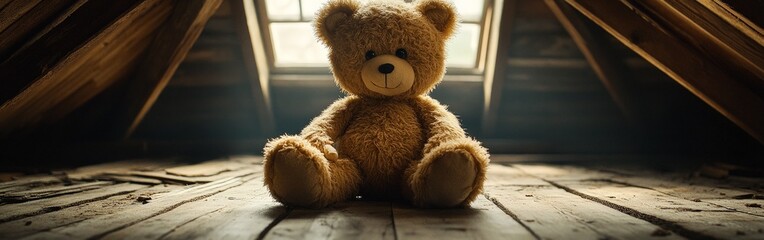 Lonely Teddy Bear in Dusty Attic with Soft Lighting