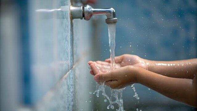 Clean Water for Children: Hands Washing Under a Tap - Promoting Water Conservation and Rights