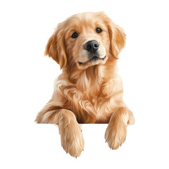 A golden retriever dog with a friendly expression, resting its front paws on a surface.