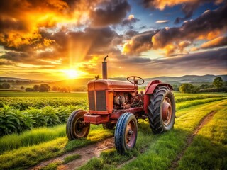 Fototapeta premium Captivating Portrait of a Rustic Tractor Amidst Lush Green Fields at Golden Hour, Showcasing the Beauty of Agricultural Machinery and Nature's Harmony