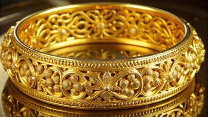 Ornate Gold Bangle with Intricate Floral Design