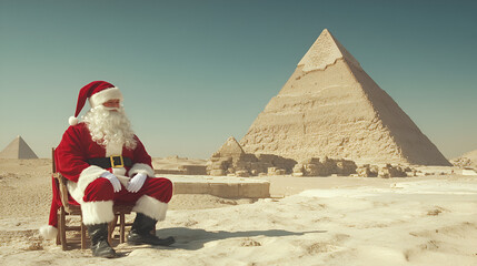 Santa Claus in red suit sitting near the ancient pyramids in Egypt, merging festive cheer with...