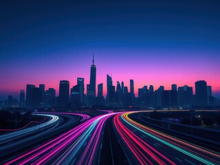 Fototapeta premium City skyline silhouette with colorful light trails of traffic in the foreground, silhouette, traffic, city, urban