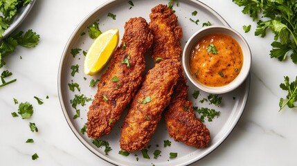 Crispy Fried Fish Fillets with Fresh Lemon and Spicy Sauce Served on a Plate Surrounded by Fresh Herbs and Garnish for a Delicious Seafood Meal