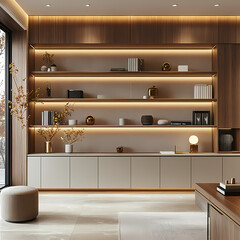 An office space with bright lighting and white walls in a modern, minimalistic style. Widely spaced shelves in light brown and beige tones are neatly arranged with a few books, elegant ornaments.