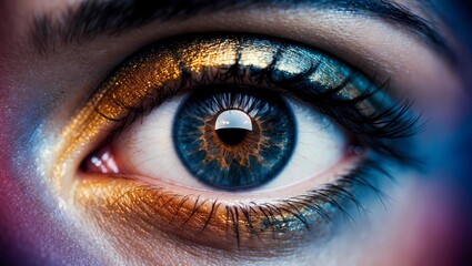Fototapeta premium Cinematic close-up of a human eye with surreal textures and vibrant golden tones