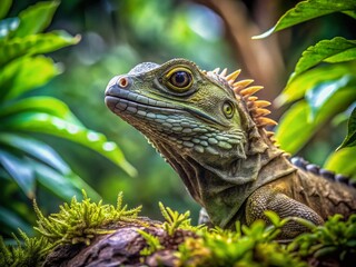 Obraz premium Captivating Portrait of the Tuatara Sphenodon punctatus in its Natural Habitat with Lush Greenery and Soft Lighting, Perfect for Nature and Wildlife Photography Enthusiasts
