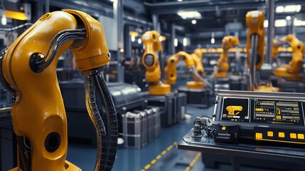 Fototapeta premium industry 40 factory with industrial engineer working alongside automation robot arms intelligent manufacturing concept 3d rendering
