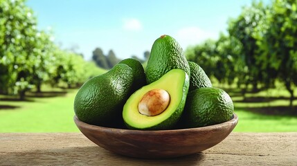 Ripe Avocados in Rustic Wooden Bowl Amidst Lush Orchard Landscape