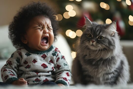 Baby crying with gray cat by Christmas tree lights
