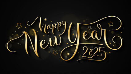 HAPPY NEW YEAR 2025 black and gold brush calligraphy banner with swashes