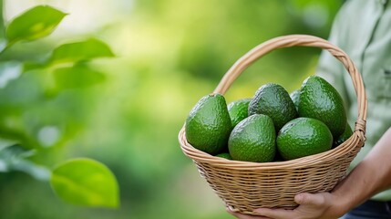 Farmer s Basket Overflowing with Fresh Avocados in Lush Orchard Setting