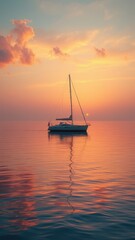 Naklejka premium Serene silhouette of a sailboat gliding across calm waters at dawn, sailboat, peaceful, dawn