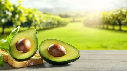 Halved Avocado on Fresh Toast with Sunlit Orchard Backdrop