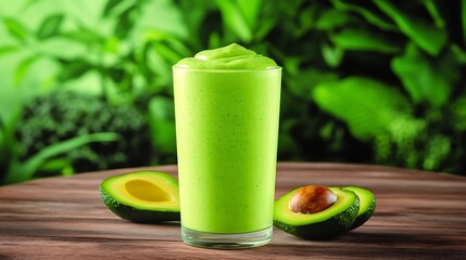 Fototapeta premium Vibrant Avocado Smoothie in Glass Against Lush Tropical Background