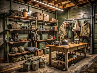 Fototapeta premium Captivating Product Photography of an Army Barrack Featuring Military Gear, Equipment, and Supplies Set Against a Robust Background for Authenticity and Realism