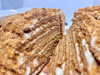 homemade honey cake cut close-up sprinkled with sweet crumbs