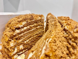 homemade honey cake cut close-up sprinkled with sweet crumbs