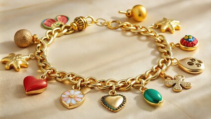Gold Charm Bracelet with Hearts, Flowers, and Stars
