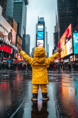 Fototapeta premium Little Explorer in Yellow Raincoat Embraces the Dazzling Lights and Rainy Streets of Times Square