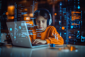A teenage child deeply focused on studying in the IT field, surrounded by technology such as a laptop, coding scripts, and digital tools, symbolizing innovation and learning in a modern, tech-driven e