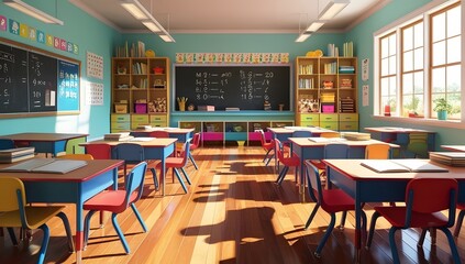Vibrant school classroom featuring playful furniture, bookshelves, and a math-filled chalkboard