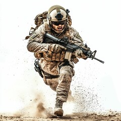 Camouflaged soldier running, rifle raised, dust flying.