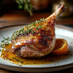 honey glazed roasted duck leg with fresh thyme and orange zest, served on a speckled ceramic plate