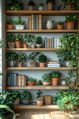 An office space with bright lighting and white walls in a modern, minimalistic style. Widely spaced shelves in light brown and beige tones are neatly arranged with a few books, elegant ornaments.