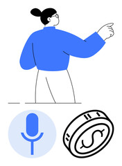 Person faces sideways pointing, microphone icon below, and coin representation. Ideal for finance, podcasts, communication, technology, presentations business user interface. Line metaphor