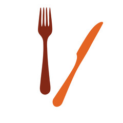 A red fork and an orange knife on a white background