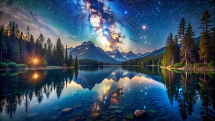 Fototapeta premium Captivating Scene from a Celestial Adventure: A Stunning High Depth of Field Composition Showcasing a Starry Night Sky Over a Dreamlike Landscape