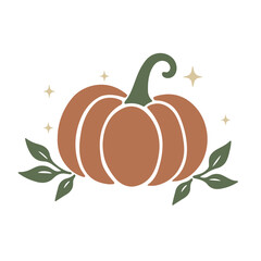 A large orange pumpkin with a green stem, surrounded by green leaves and stars