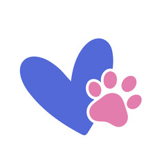 A blue heart shape with a pink paw print inside, a red heart shape with a black paw print inside