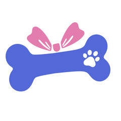 A blue dog bone shape with a pink bow on top and a white paw print on one side. 