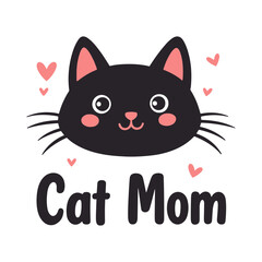 A cute black cat with large eyes and pink nose and ears, surrounded by pink hearts, with the text 