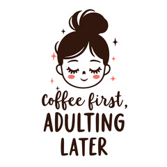 A young woman with dark hair in a bun , wearing a red bow , drinking coffee . The text says 