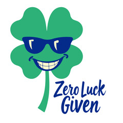 A green four-leaf clover with a smiling face wearing green sunglasses, with the text 