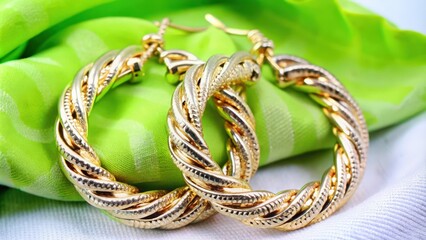 Fototapeta premium Gold Hoop Earrings with Twisted Design on Green and White Fabric