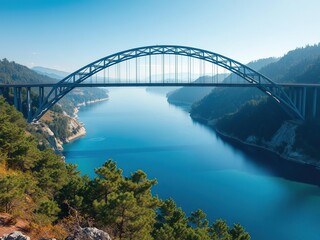 Obraz premium A modern steel arch bridge crossing over a wide river with clear blue waters and surrounding hills covered in trees creating a sense of depth and perspective, outdoors, scenery, bridges