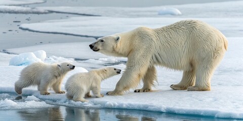 A mother polar bear and her cubs playfully frolic on the smooth surface of a glacier, mother bear, animal behavior, cubs
