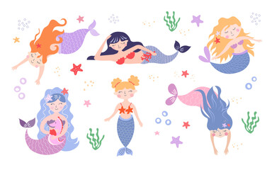 Little mermaid girls on the seabed. Playful mermaids, a set of beautiful girls who inhabit the seabed. Vector illustration